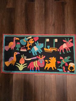 Vintage Hand sewn African Applique Pictorial Tapestry Textile from Benin Framed 35"×19"
