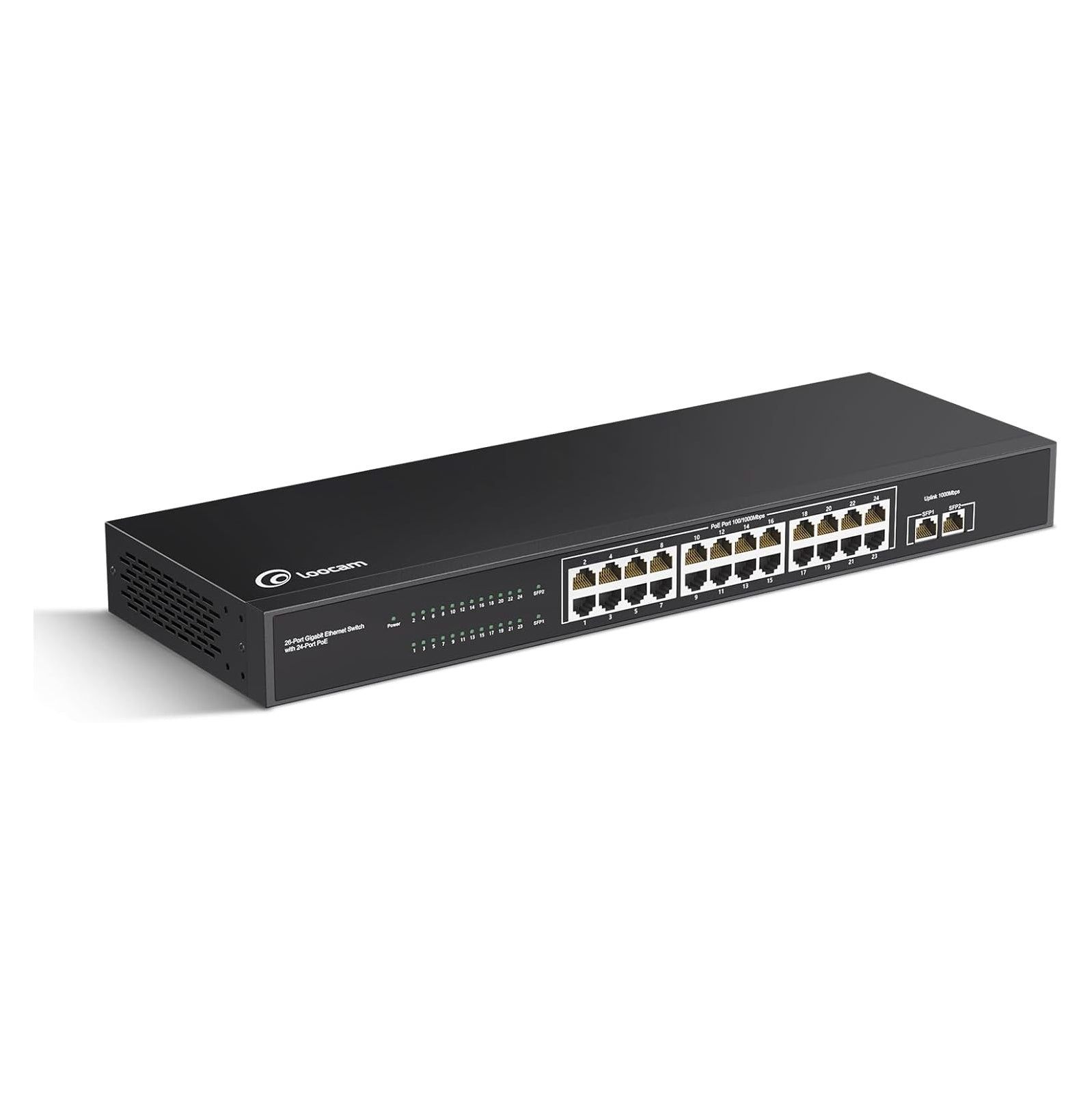Loocam 24 Port Gigabit PoE Switch with 2 SFP Port, 24 PoE+ Ports @156W, IEEE802.3af/at Unmanaged PoE+ Network Switch, Plug and Play, Sturdy Metal