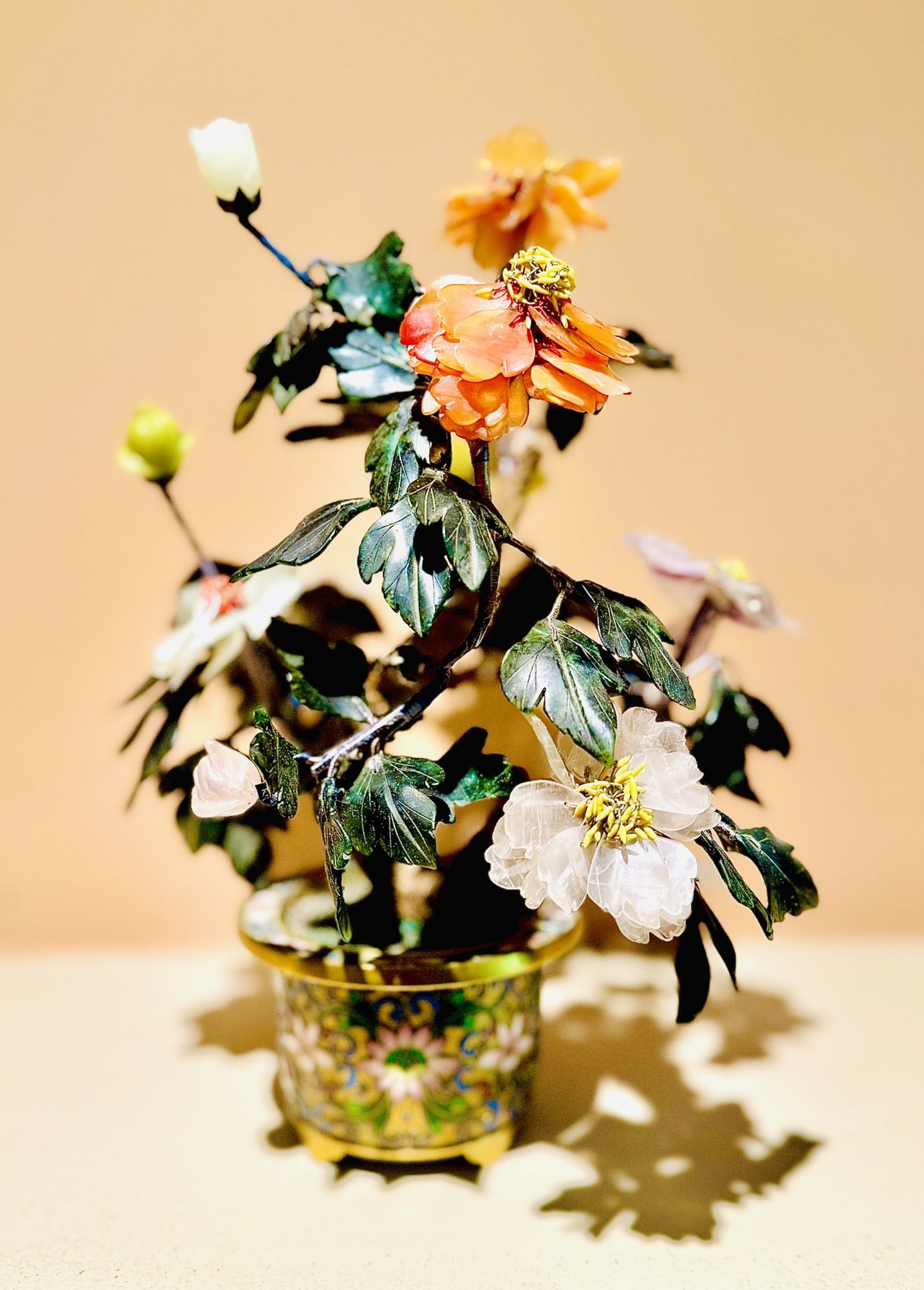 Antique Chinese Jade & Quartz Flowering Tree in Cloisonné Pot