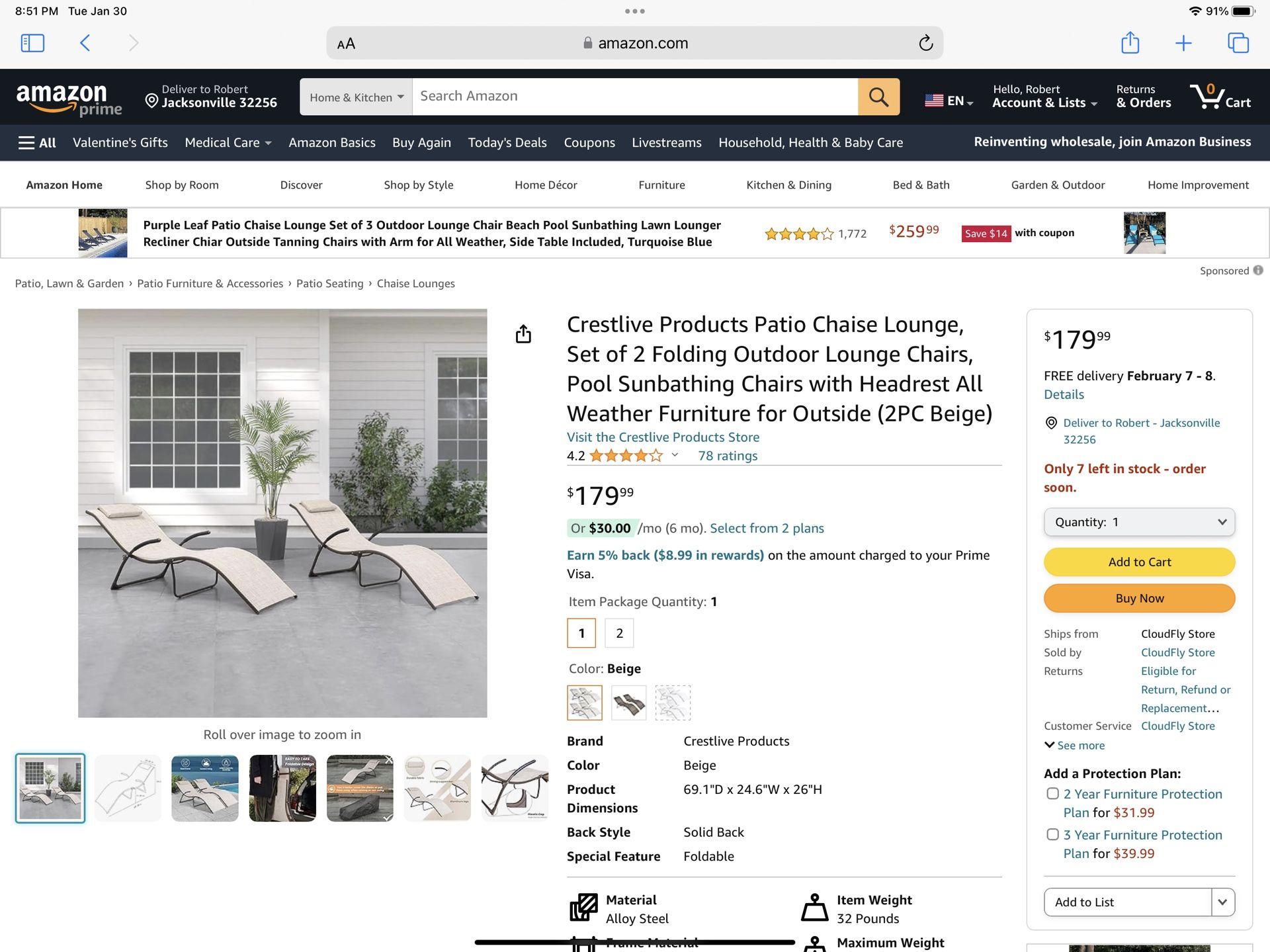 Crestlive Patio Lounge,set Of 2. Pool chairs Whit Headrest All Weather Furniture For Outside. 2 Sets(4 Chairs) $95 One Set