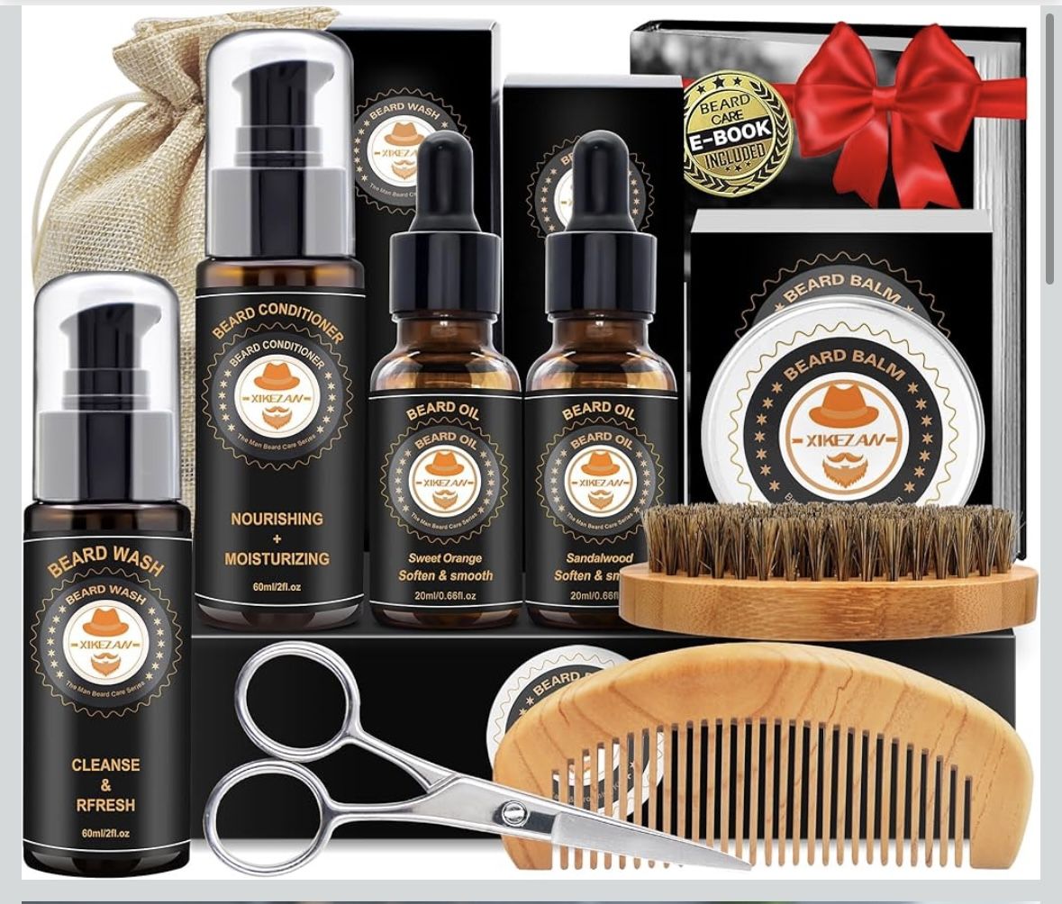 Beard Kit for Men Grooming & Care w/Beard Conditioner, Wash, Oil, Balm, Brush, Comb,