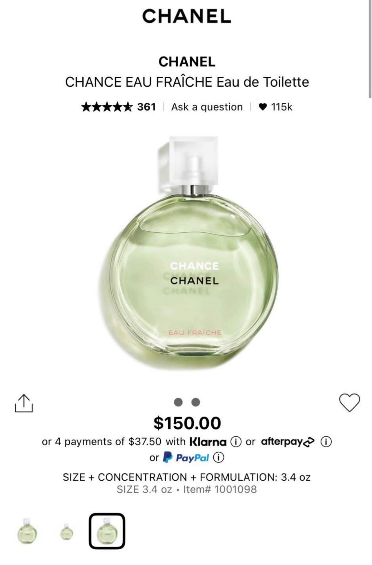 Chanel, Chance Eau Fraîche 3.4 OZ