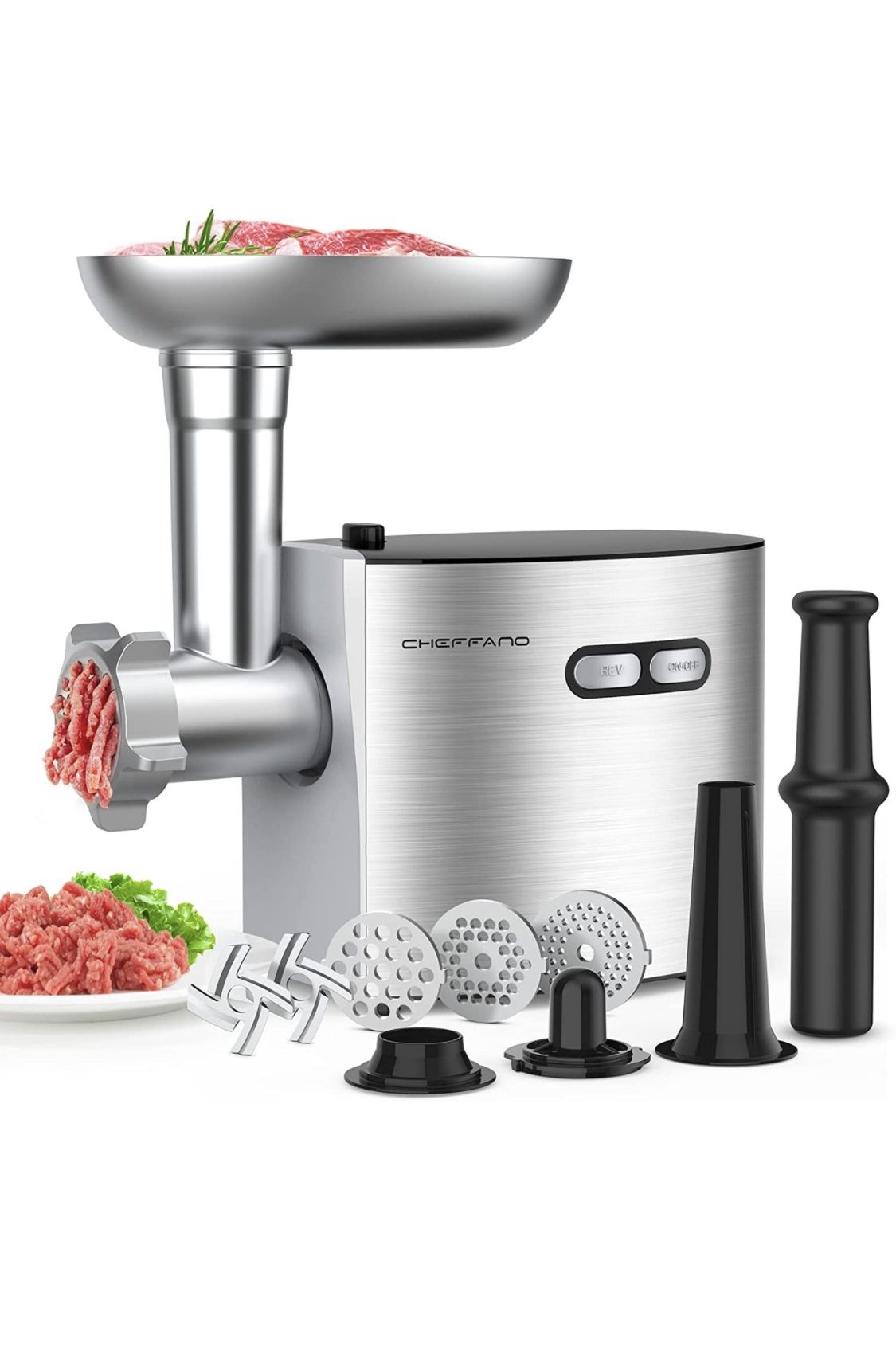 CHEFFANO Meat Grinder, 2600W Max Stainless Steel Food Grinder Electric, ETL Approved Heavy Duty Meat Mincer Machine with 2 Blades, 3 Plates, Sausage S