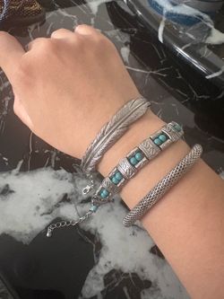Boho Western Silver Feather & Turquoise Bracelet Stack (3 Pieces)