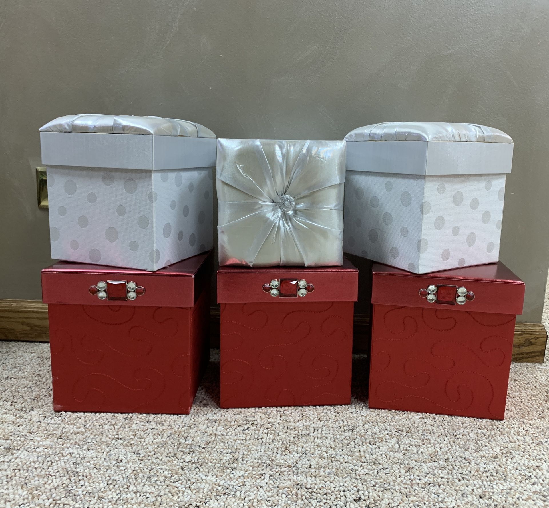 Holiday Christmas Deluxe Gift Boxes Red And Silver Adorned Tufted Rhinestones From NORDSTROM 8”&7” New Never Used!