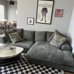 Dark Grey Reversible Corduroy Sectional Couch Sofa