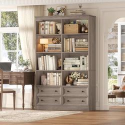 71" Tall Bookshelf with 4 Drawers Large Bookshelf Office Bookcase 6-Tier Double Wide Bookshelves and Bookcases with Storage, Tall Bookshelf Standing B