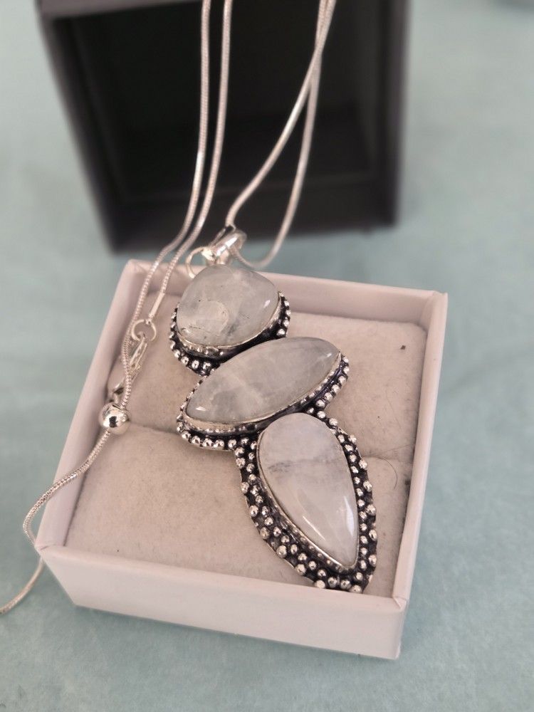 Rainbow MOONSTONE pendant With Sterling Chain