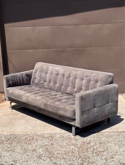 MCM Style Gray Tufted Sofa with Chrome Legs - Modern Couch