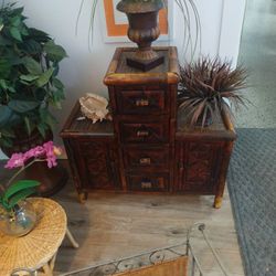 Bamboo Rattan Side Table/Cabinet With Drawers 
