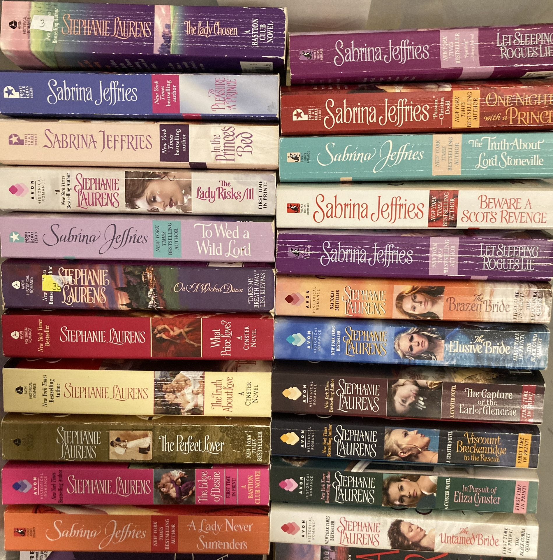 28 USED (.50 EACH) Historical Romance, Books 13 Stephanie Laurens, 9 Sabrina Jeffries 6 Lorraine Health, Lords And Ladies Novels