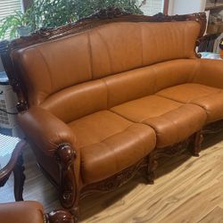 Leather Couch, Chair And 3 Tables
