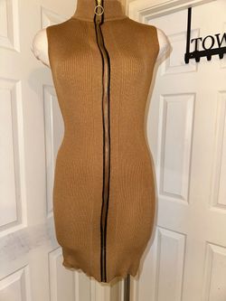 Camel Ribbed Knit Zip-Front Mini Dress