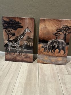 Wall Art - 2 Canvas Prints; Elephants & Giraffes