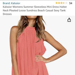Kalssior Womens Summer Sleeveless Mini Dress Halter Neck Pleated Loose Sundress Beach Casual Sexy Tank Dresses