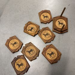 Vintage 8 Piece The Black Horse Tavern Inn 1794 Wood And Cork Coaster Set With Holder- Cork Center = 2 3/8" Across