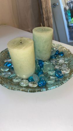 Aqua Blue Candle, Beautiful Centerpiece, Stone Plate, Gold for spa or patio , sea colors beautiful