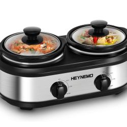 Double Slow Cooker, Buffet Servers and Warmers, Dual 2 Pot Slow Cooker Food Warmer, Adjustable Temp Dishwasher Safe Removable Ceramic Pot Glass Lid, 2