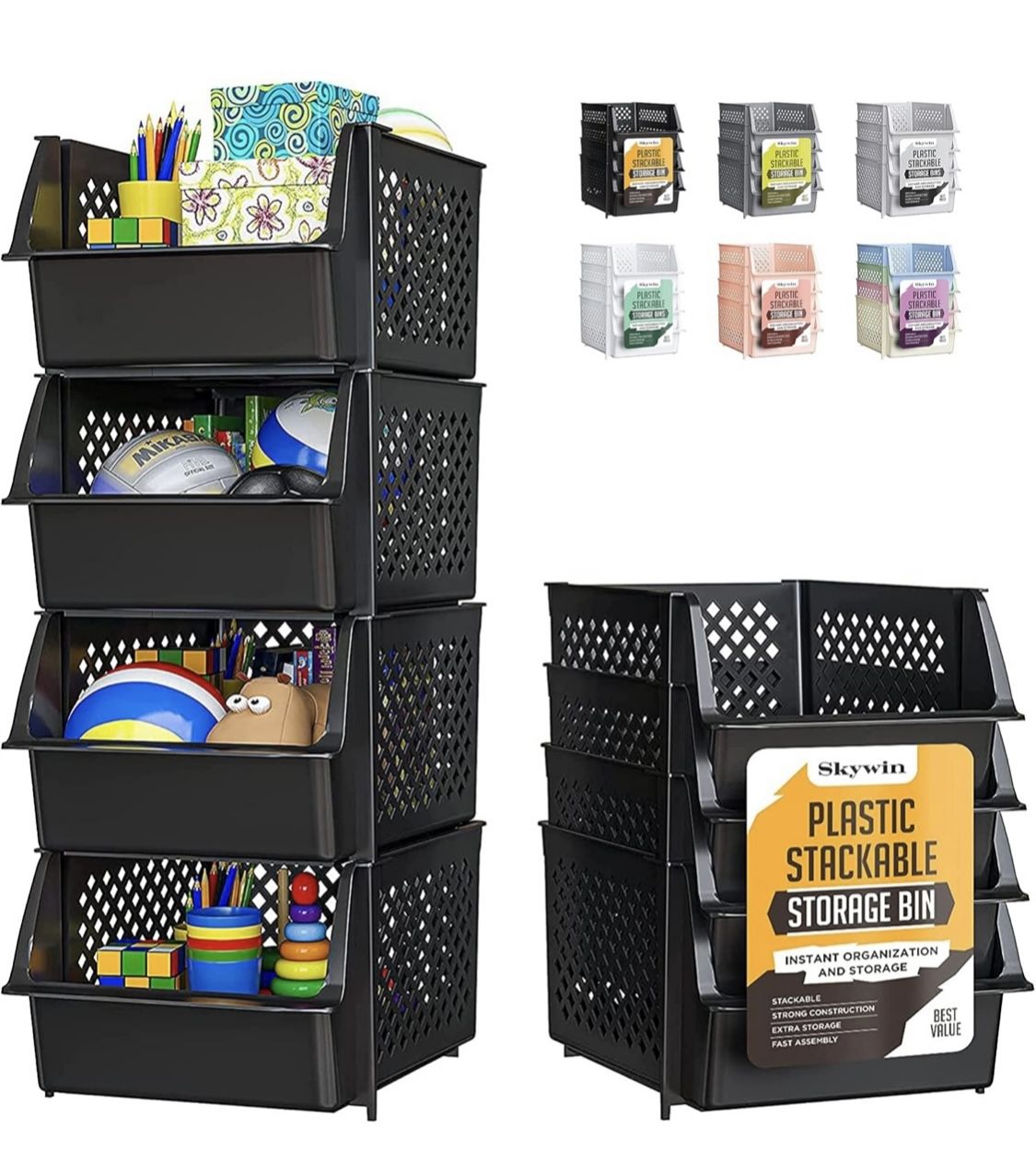 Skywin - Recipientes apilables de plástico para despensa, contenedores apilables para organizar alimentos y artículos esenciales de cocina y baño, paq