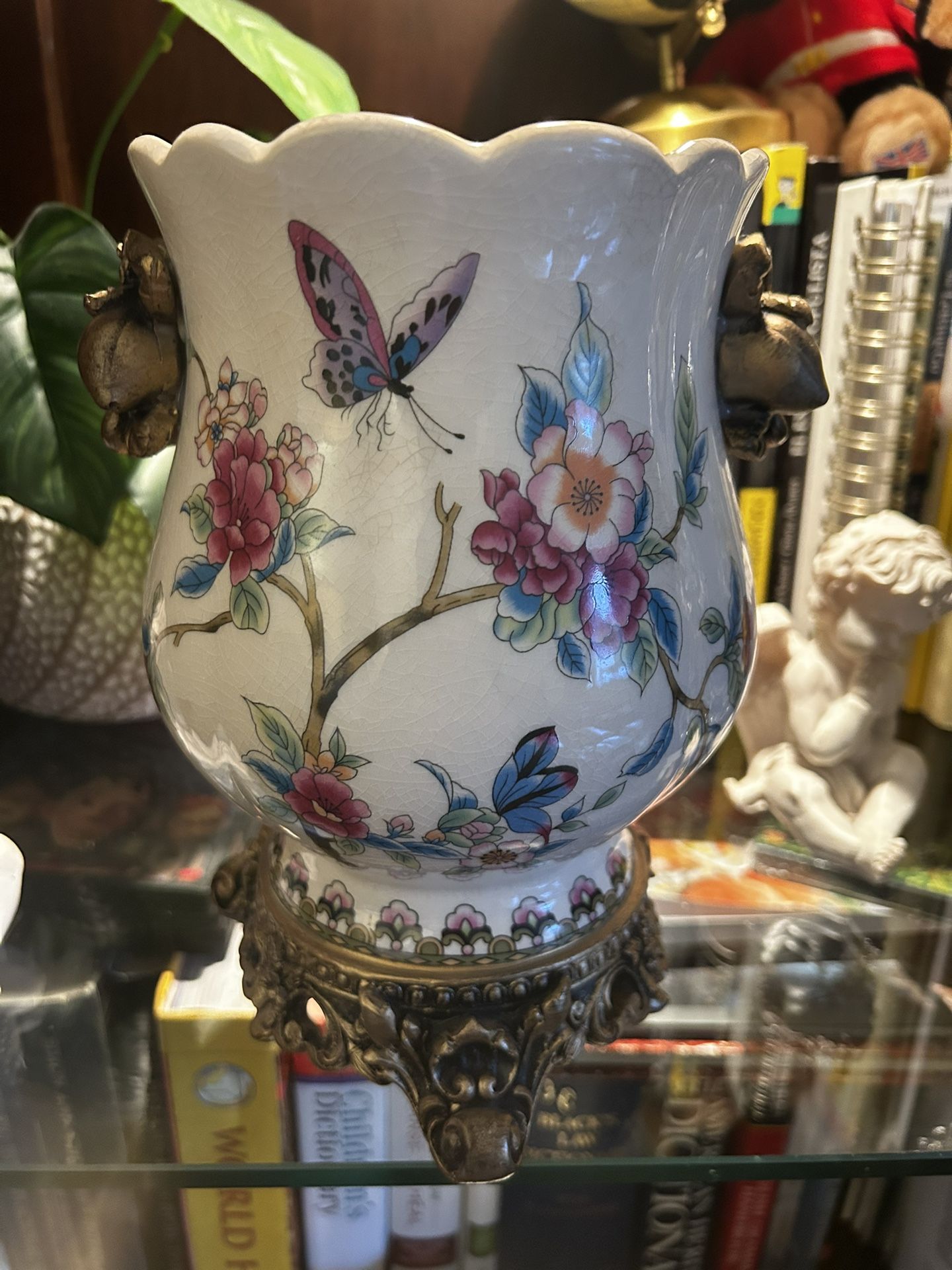 Beautiful Wide Ceramic Vase In Beige Color With Flowers Painted