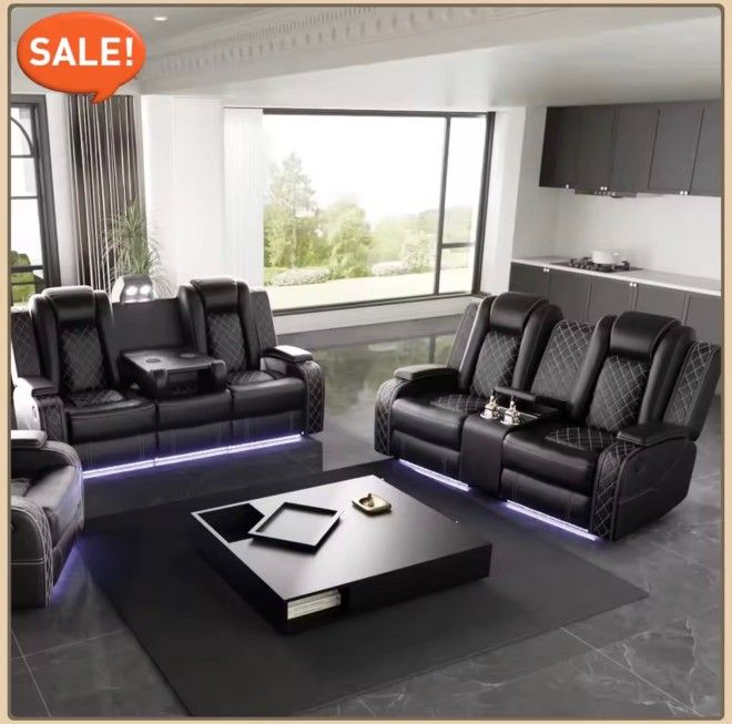 Power Recliner Sofa Set with LED Light for Living Room Furniture，Black Leather Reclining Sofa and Loveseat Set 3 Seater Sofa