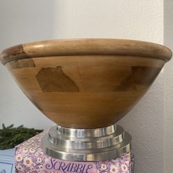 Serving or Display Bowl 16" Dark Wood w Aluminum Base Chips Fruit Centerpiece