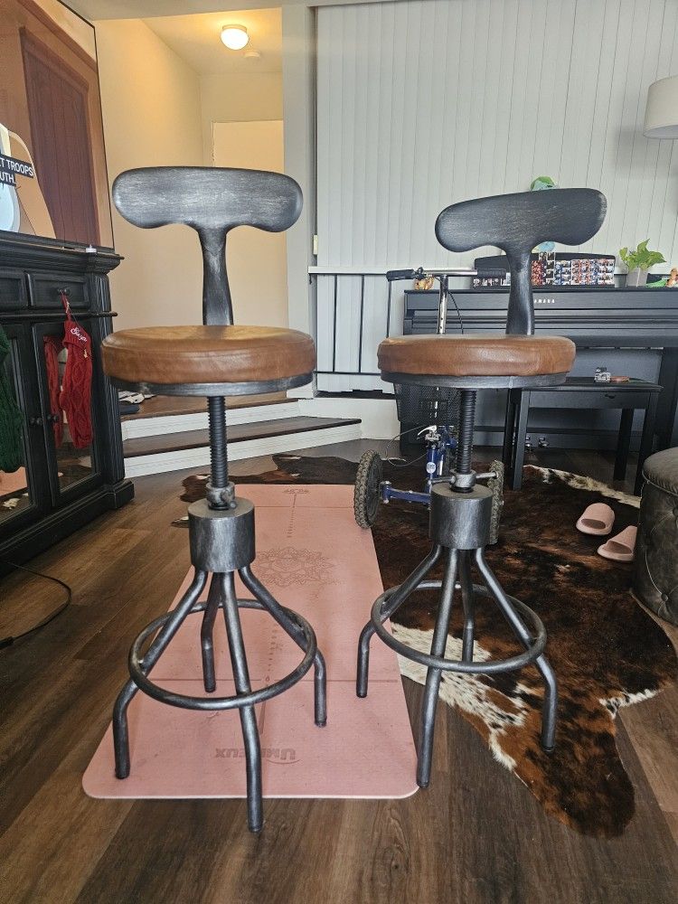 2 Brown Leather Bar Stools