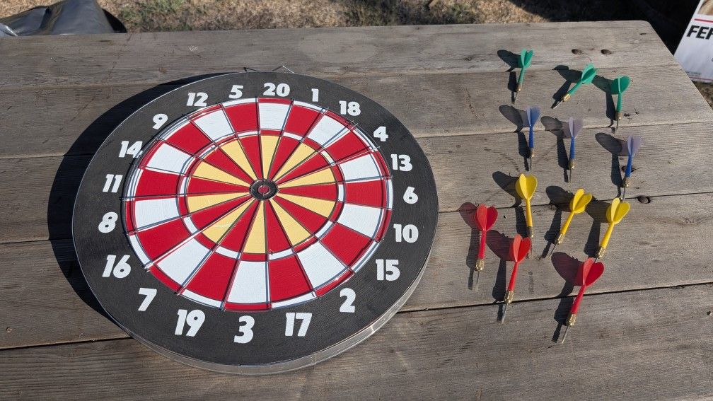 Vintage 2-in-1 Dartboard Game Set w/ Baseball & English Clock Face + 12 Brass Darts