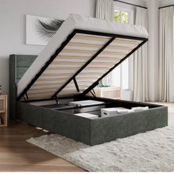 King Size Lift Up Storage Bed/Modern Wingback Headboard/Upholstered Platform Bed Frame/Hydraulic Storage/No Box Spring Needed/Wood Slats Su