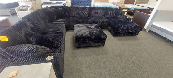 Black Corduroy oversized Sectional with ottoman