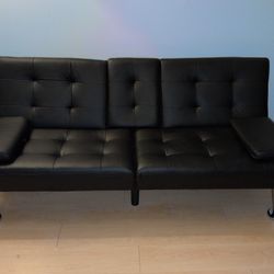 Modern Faux Leather Convertible Futon Sofa Bed with Cup Holders, Black *Ask About Delivery*