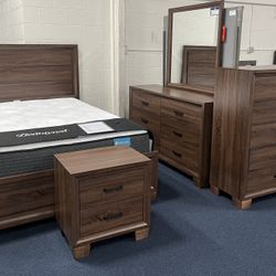 Brown Queen Bedroom Set ( Bed Frame, Dresser, Mirror And One Nightstand) 