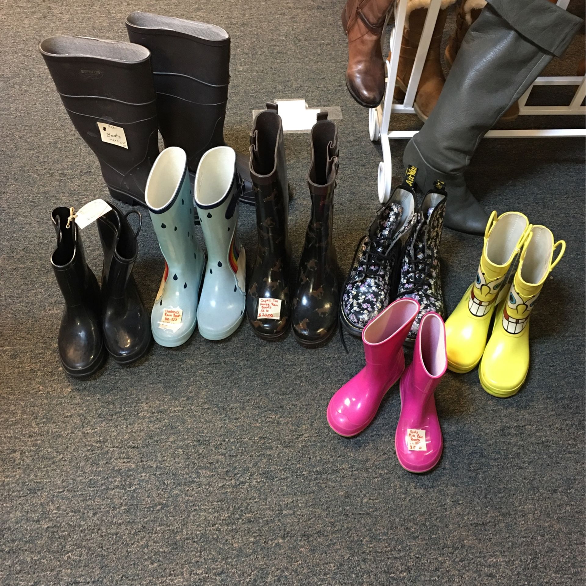 Rain boots, snow boots, Assortment of colors styles sizes and prices starting @ $15
