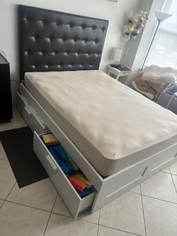 Queen size IKEA platform bed with four storage drawers- can be sold separately with or without the mattress and or the headboard all together. $400