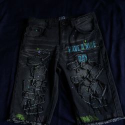Rock Salt Men's Jean Shorts Black Denim Distressed Paint Splatter 32 Waist. 