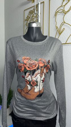 Gray Long- Sleeve Western Theme Shirt 