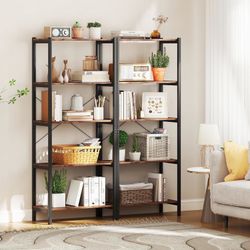 5-Tier Bookshelf, 63-inch Tall Bookcase (2, Rustic Brown) Metal Frame & Dual Anti-Tipping Kits | Freestanding Display Storage Rack | For Home Office, 