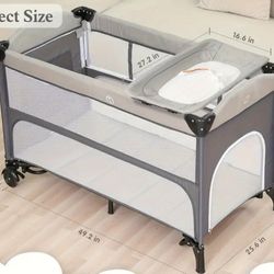 4-in-1 Portable Travel Crib / Playard with Bassinet & Changing Table - Gray