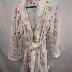 Ladies size Small enchanted cute pink heart white soft short bathroom robe 