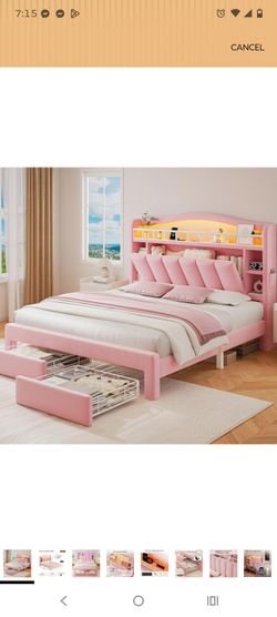 Pink Upholstered full size Platform Bed with Storage Headboard