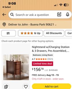 Nightstand with Charging Station and 3 Drawers