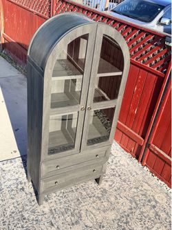 71″ Tall Arched Pantry Cabinet with 2 Drawers & Adjustable Shelves & Glass Doors, Modern Farmhouse