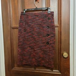 NWOT Ann Taylor Skirt Red Black Blue Tweed Buttons Lined Pencil Stretch-Size 4