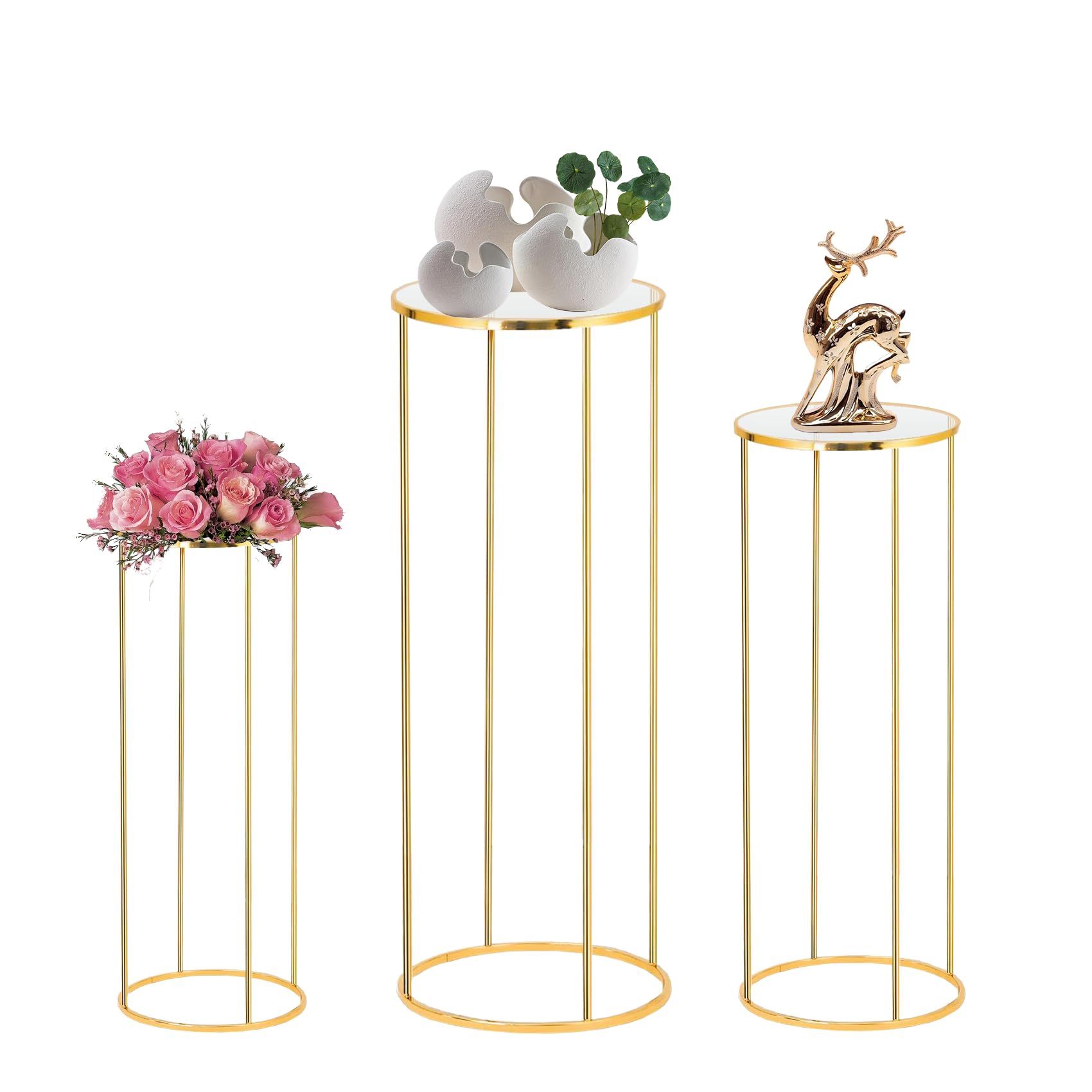 3PCS Cylinder Pedestal Stands For Parties, Gold Metal Plant Round Cylinder Stands For Party Flowers, Display Columns Pedestal Stand Cylinder Tables Fo