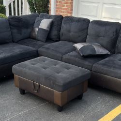 Dark Grey Sectional Couch Set With Ottoman 
