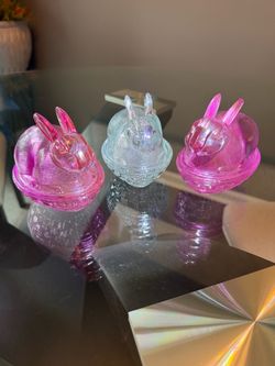 TRIPLETS!! LE Smith Pink Glass Bunny Trinket Box