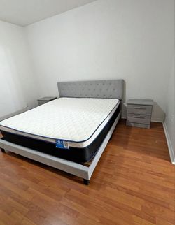 Queen Bed Frame with Tufted Headboard and Mattress
