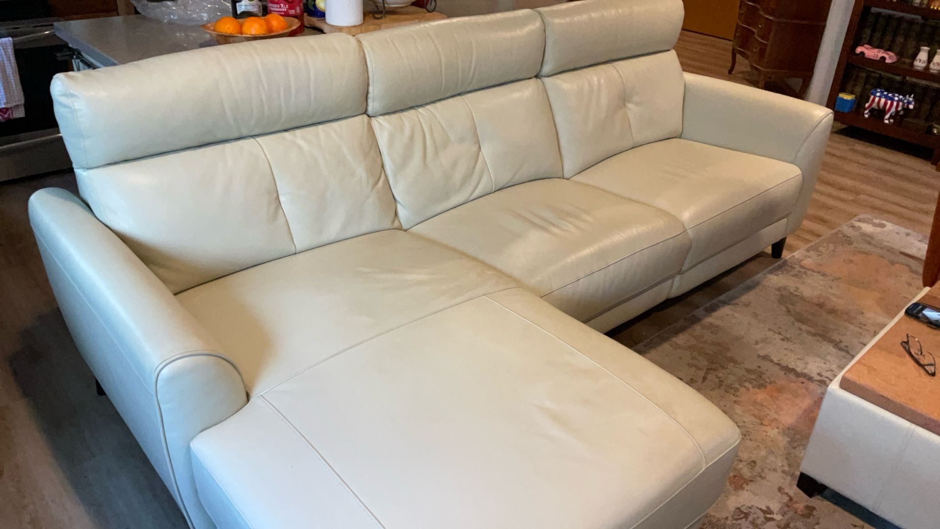White Leather Sofa W/Power Recliner