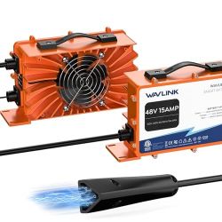WAVLINK Golf Cart Charger, GS950C - 48V 15A Max, 810W Output, IP67 Waterproof, LiFePO4/NMC/Lead-Acid Compatible Triangular Plug for RXV/TXT Orange-Tri
