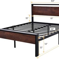 🥨Queen Size Metal Platform Bed Frame with Wooden Headboard and Footboard, Mattress Foundation, No Box Spring Needed, Large Under Bed Storage